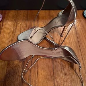 Gold open toe heels ankle tie lace